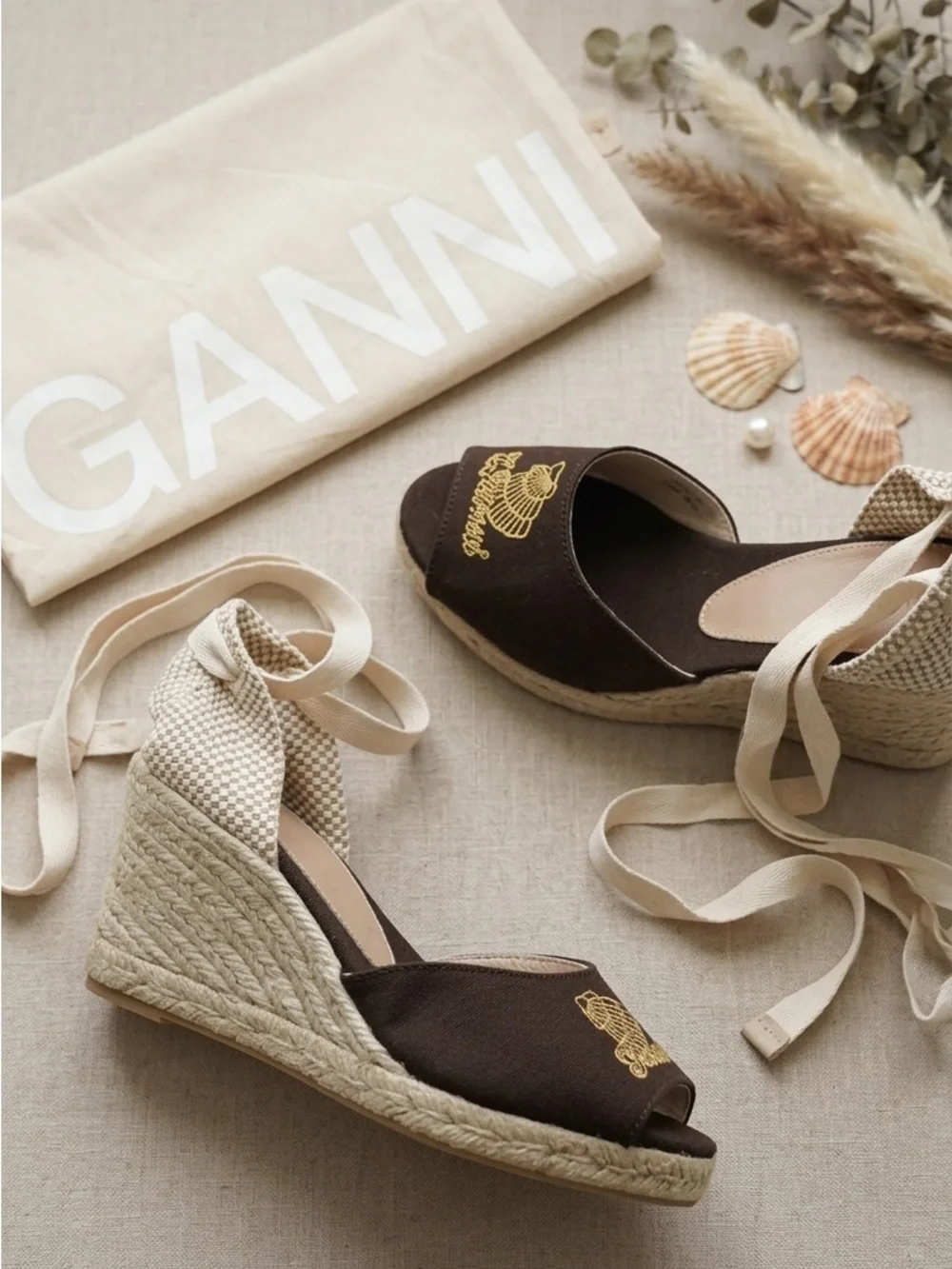 GANNI High Summer Embroidered Espadrille Wedge Sandals 9 NIB